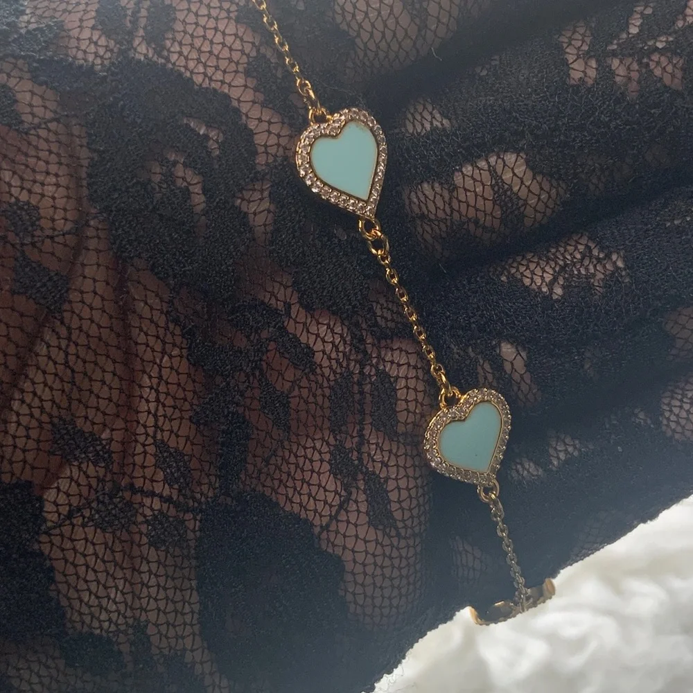 kate spade Gold Bracelet with Mint Heart Charms on Chain - Picture 4 of 8